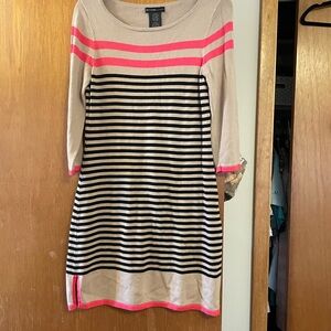 Design History Beige Knit Midi Dress with Black Stripes and Pink Bands